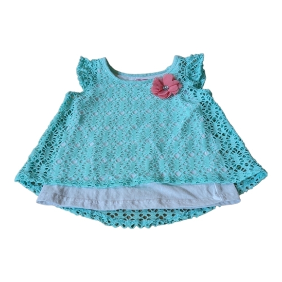 ⭐ Swiggles Teal green crochet over white Sleeveless Dress with pink flower 24M - Picture 1 of 3